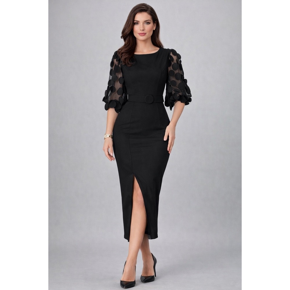 Chicme Chic Black Sheath Dress Statement Puff Sleeve Belted Midi Size L